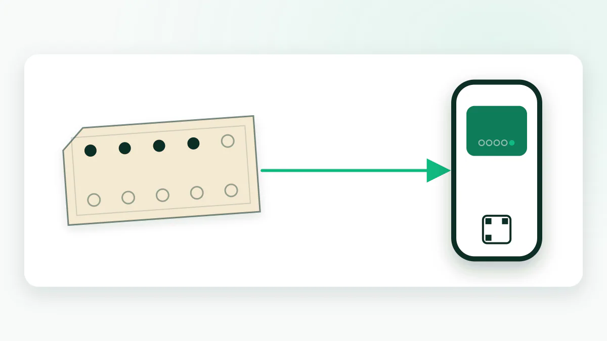 A vector diagram contrasting an old paper punch card with punched holes and a clipped corner on the left, with a phone holding a digital wallet card on the right, joined by an arrow.