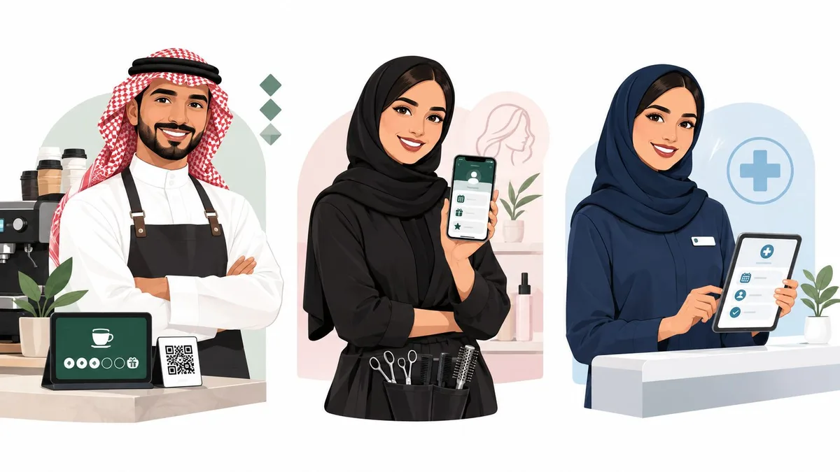 ثلاثة متخصصين في مجالات متنوعة يستخدمون برامج الولاء الرقمية وتطبيقات الهاتف لإدارة المواعيد وخدمة العملاء بفعالية.