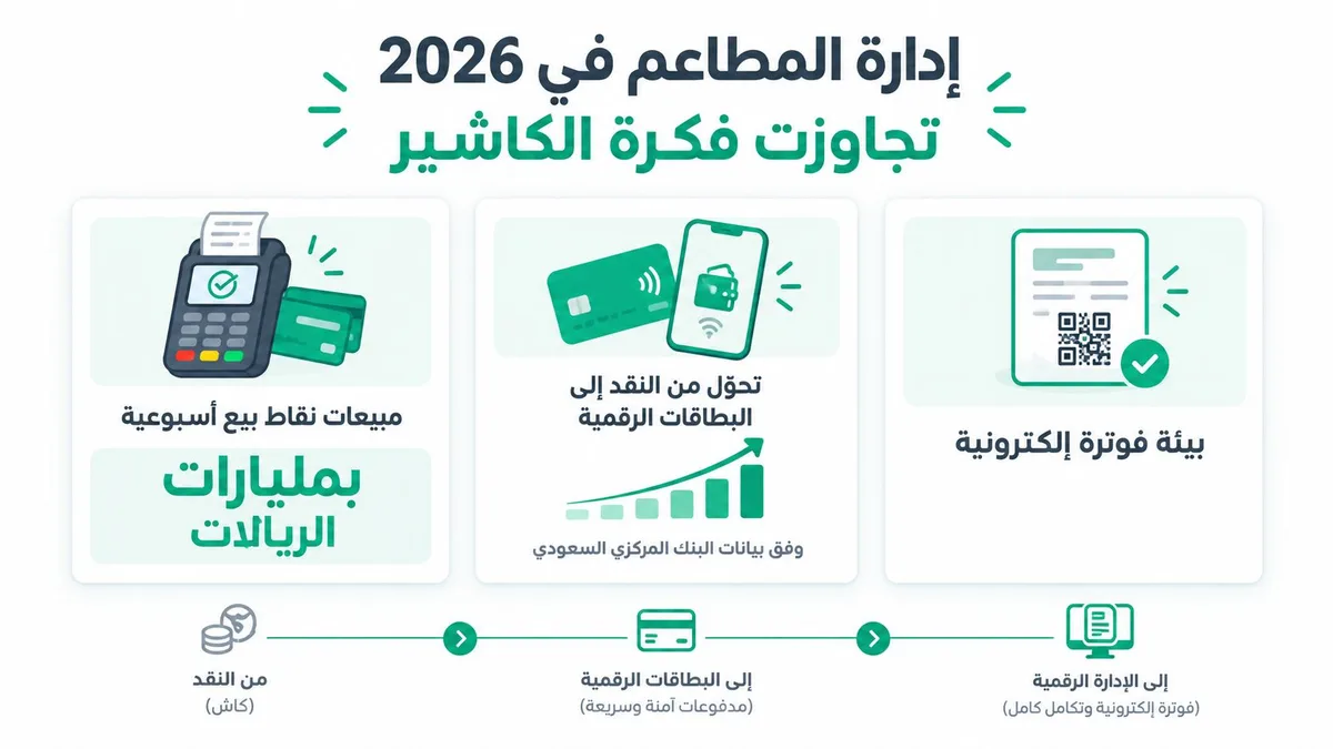 إنفوجرافيك يوضح تطور إدارة المطاعم في عام 2026 نحو التحول الرقمي والمدفوعات الإلكترونية وأنظمة الفوترة الحديثة.