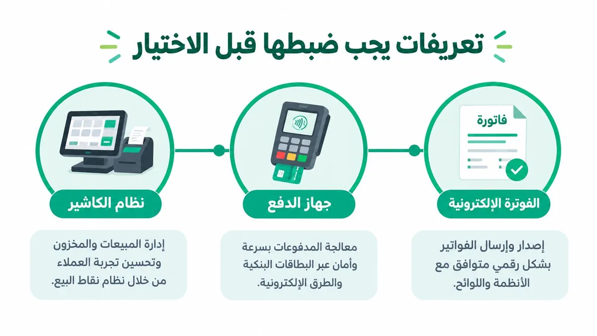 رسم توضيحي يوضح ثلاثة تعريفات أساسية يجب ضبطها قبل اختيار نظام الكاشير وأجهزة الدفع والفوترة الإلكترونية.