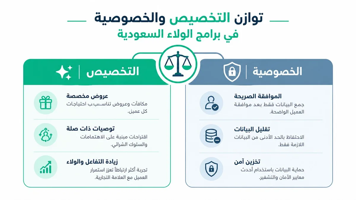 رسم بياني يوضح التوازن بين التخصيص وخصوصية البيانات في برامج الولاء للعملاء بالمملكة العربية السعودية.