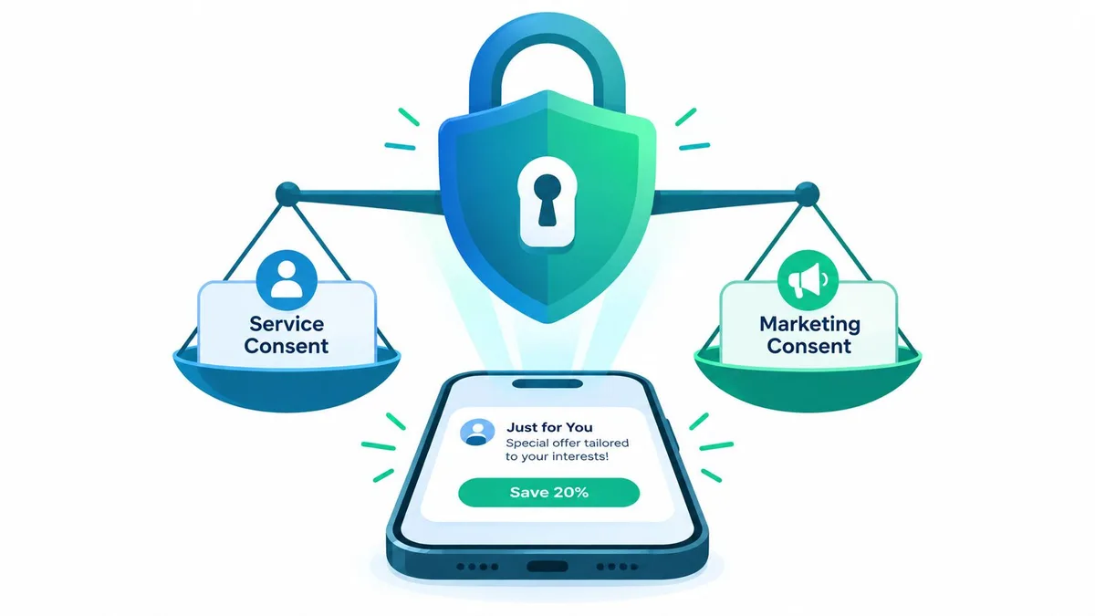 رسم توضيحي يظهر توازن بين الموافقة على الخدمة والموافقة على التسويق لحماية بيانات المستخدم في برامج الولاء