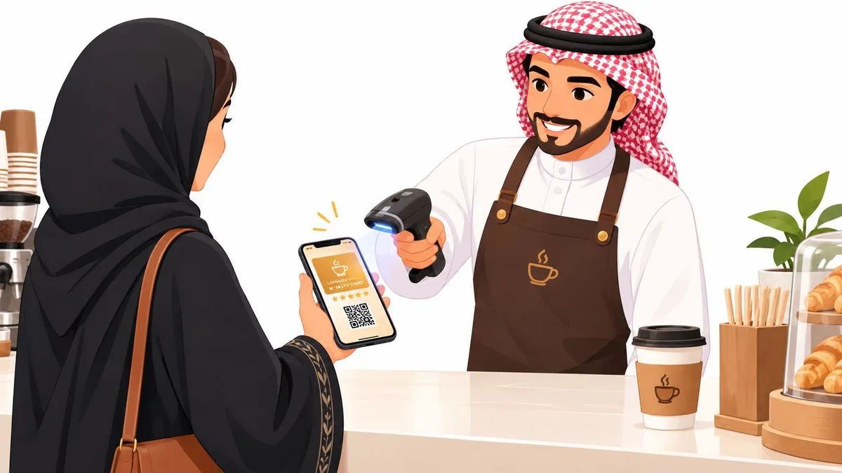 موظف مقهى يمسح رمز الاستجابة السريعة من هاتف عميلة ترتدي عباءة لتفعيل برنامج الولاء الرقمي