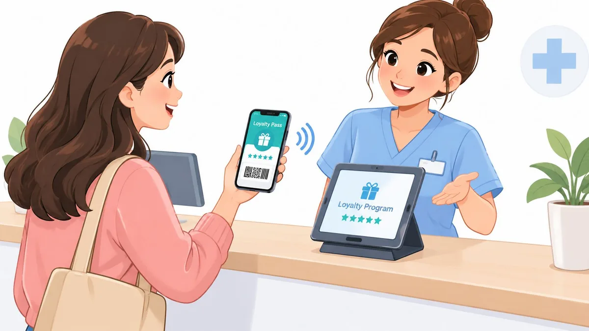 شابة تعرض بطاقة ولاء رقمية على هاتفها الذكي لموظفة استقبال تبتسم خلف مكتب في عيادة طبية