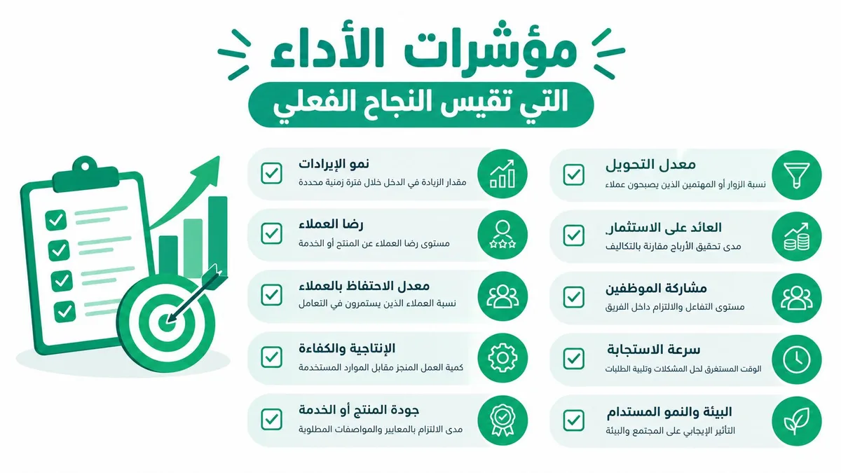 رسم توضيحي يعرض أهم مؤشرات الأداء الرئيسية لقياس نجاح الأعمال والشركات بطريقة منظمة وواضحة.