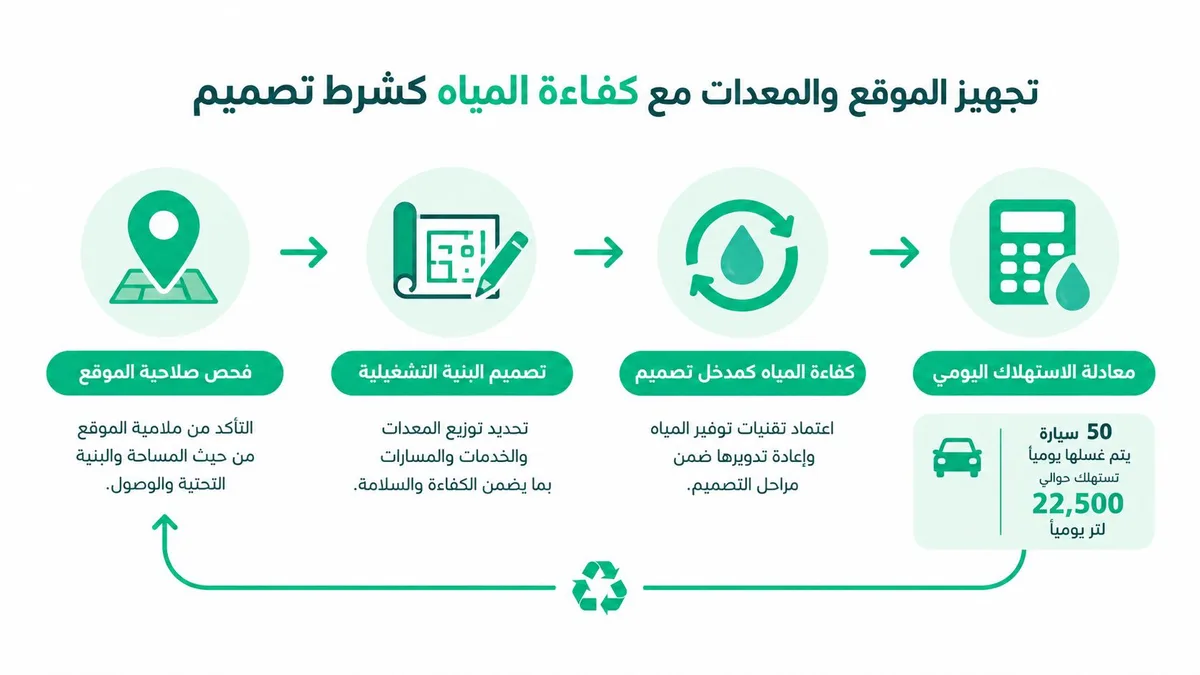 رسم توضيحي يوضح خطوات تجهيز موقع مغسلة سيارات مع التركيز على كفاءة استخدام المياه