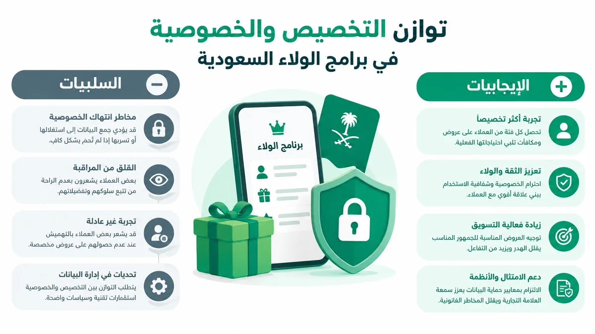 إنفوجرافيك يوضح التوازن بين تخصيص تجربة العملاء والحفاظ على خصوصية البيانات في برامج الولاء داخل المملكة العربية السعودية.