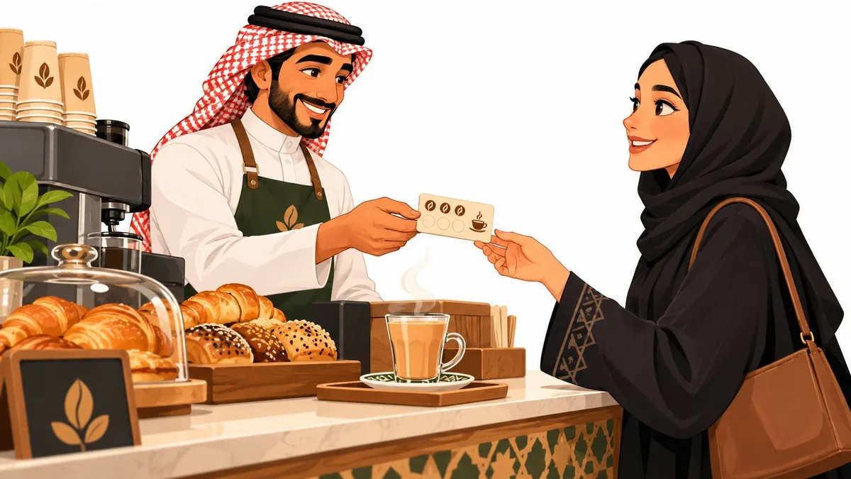 موظف قهوة يبتسم ويقدم بطاقة ولاء للعملاء لامرأة ترتدي العباءة في مقهى حديث وأنيق.