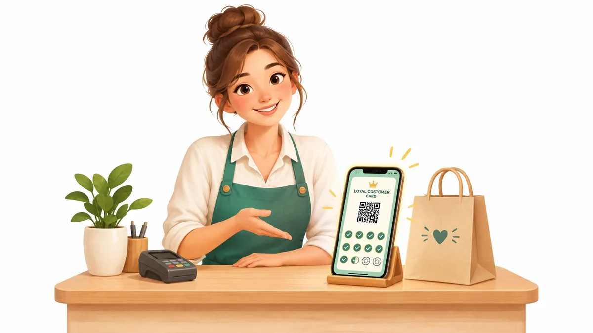 موظفة متجر مبتسمة تقف خلف طاولة تعرض بطاقة ولاء رقمية على هاتف محمول مع كيس تسوق بجانبها
