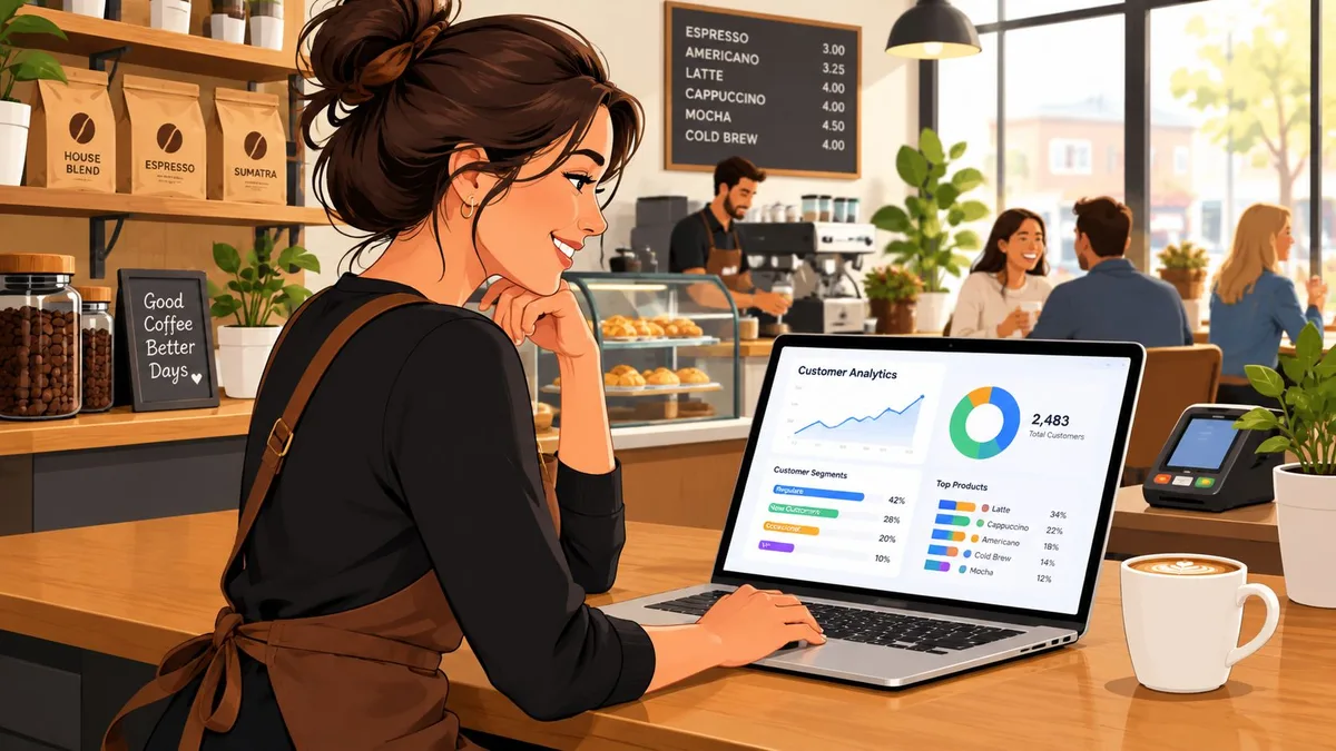 شابة تعمل على حاسوب محمول يعرض تحليلات بيانات العملاء في مقهى حديث مع وجود زبائن في الخلفية.
