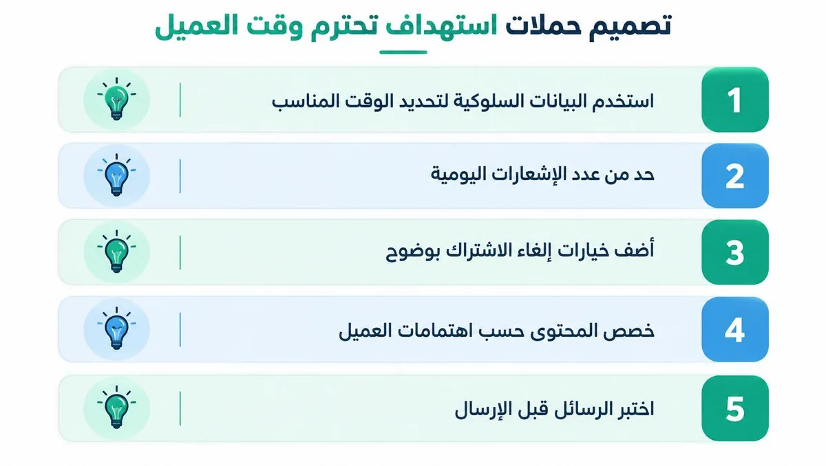 إنفوجرافيك يوضح خمس نصائح فعالة لتصميم حملات تسويقية تستهدف العملاء باحترام وقتهم وخصوصيتهم بشكل احترافي
