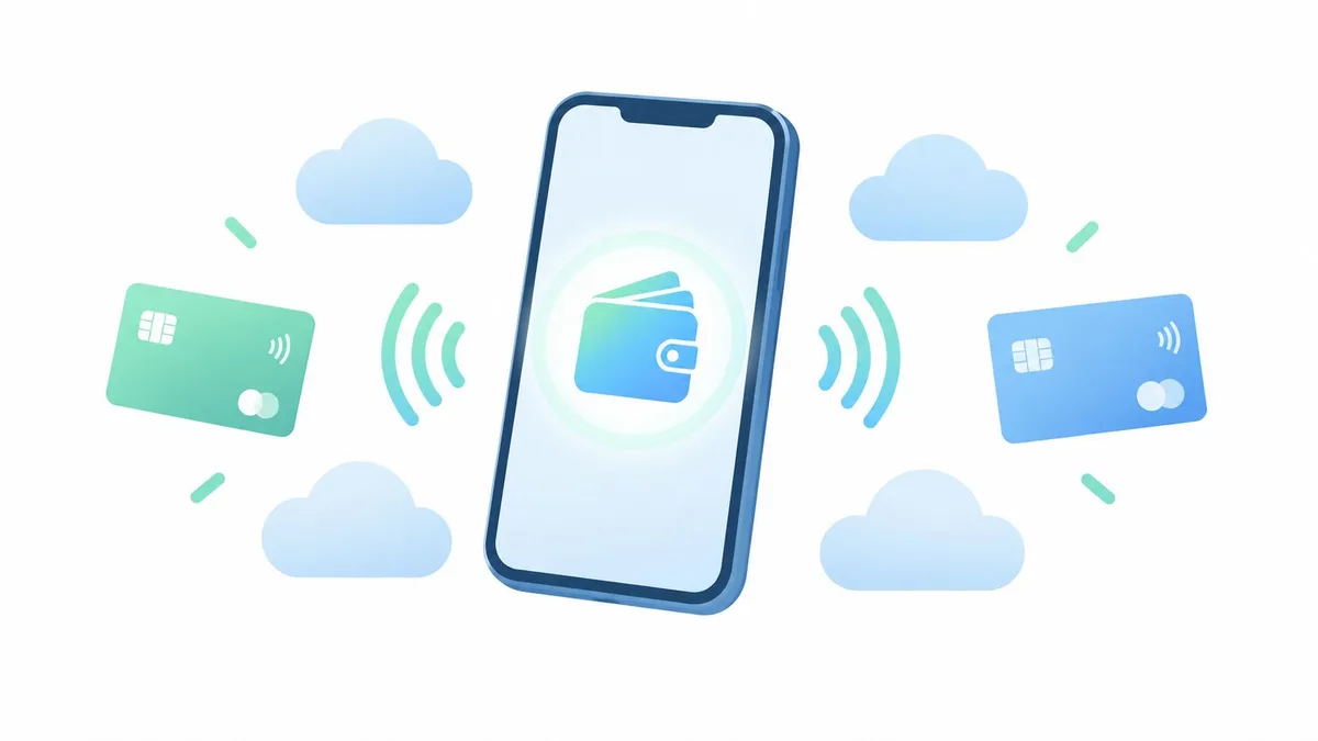 هاتف ذكي يعرض أيقونة المحفظة الرقمية مع بطاقات دفع إلكترونية وسحب سحابية ترمز لتقنية الدفع اللاتلامسي الحديثة