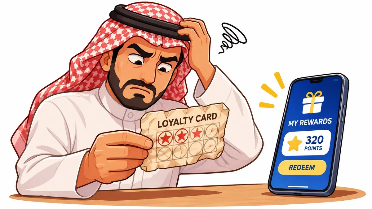 رجل عربي ينظر بحيرة إلى بطاقة ولاء ورقية بجانب هاتف ذكي يعرض نقاط مكافآت برنامج الولاء الرقمي.