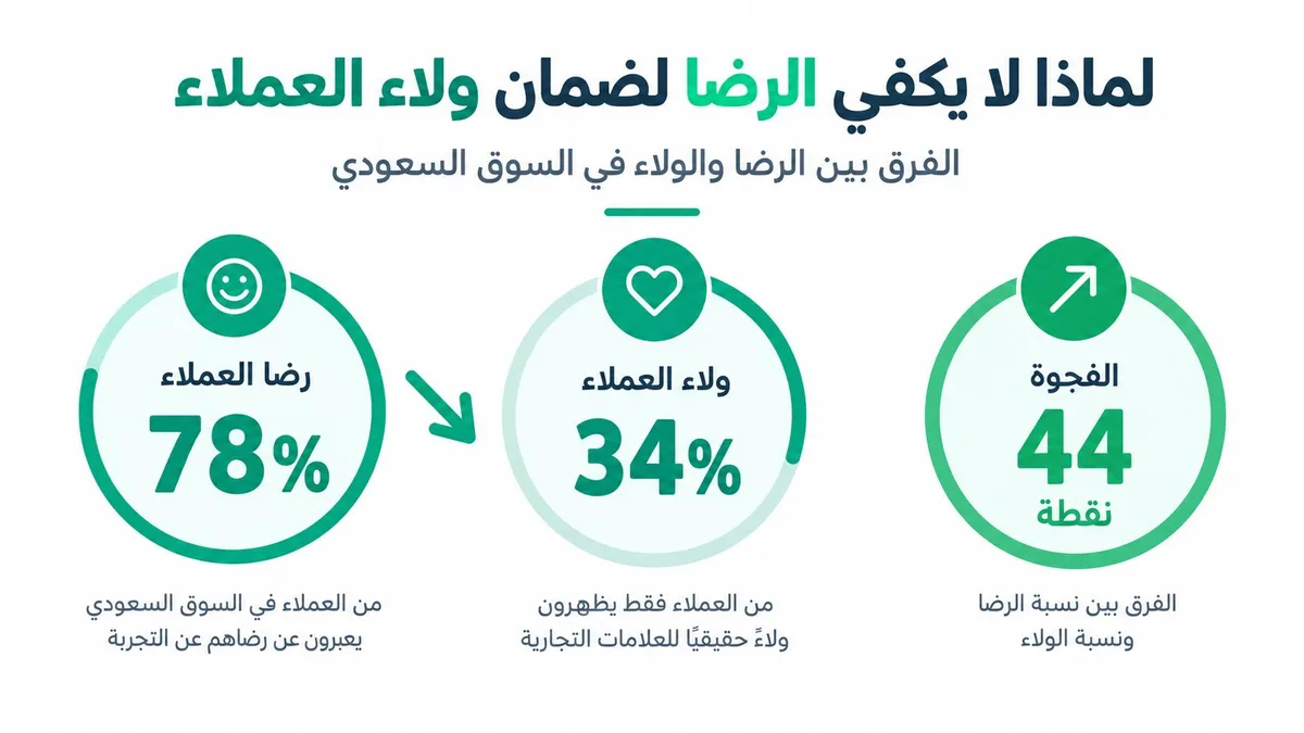 رسم بياني يوضح الفرق بين رضا العملاء وولائهم في السوق السعودي بنسبة 78 بالمئة للرضا و34 بالمئة للولاء.